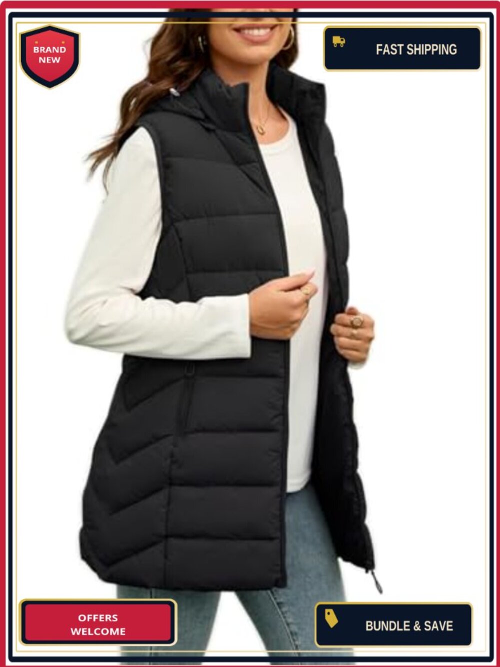 Women's Quilted Long Puffer Vest with Hood Fleece Lined Sleeveless Winter Coat